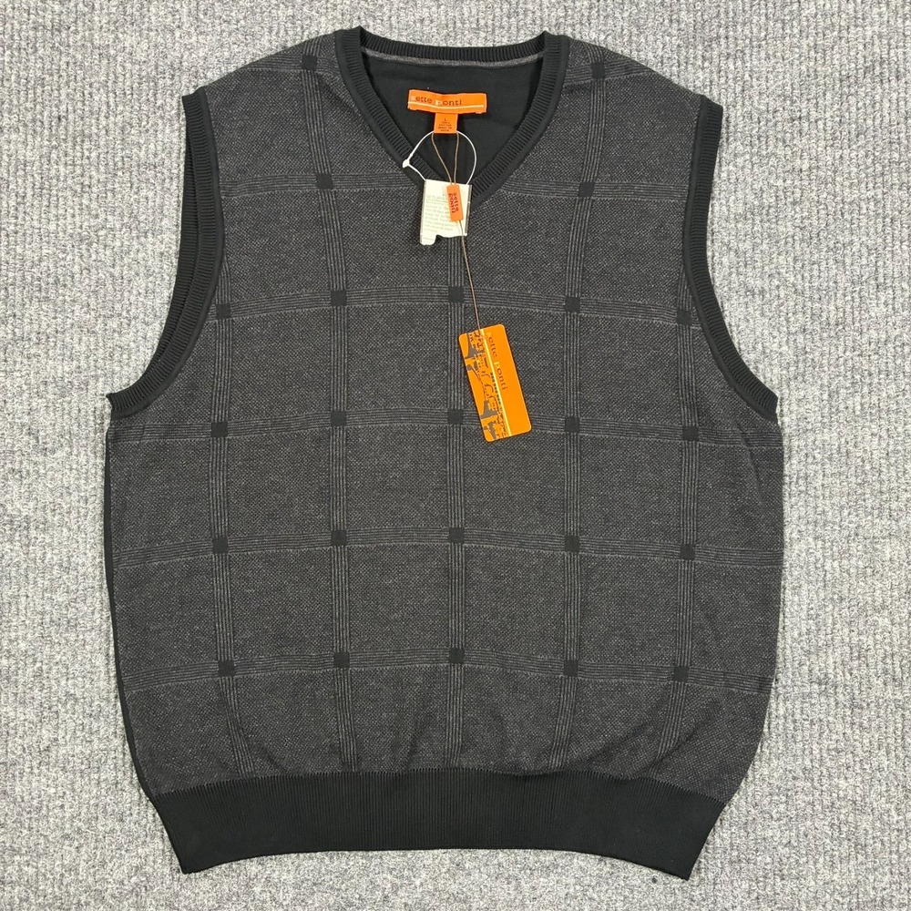 Sette Ponti Mens Large Gray Windowpane V-Neck Sweater Vest 100% Cotton Knit